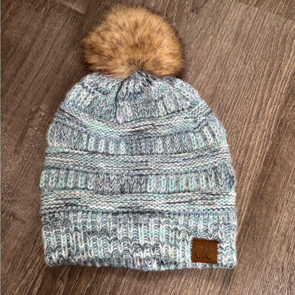 CC Knit Beanie with Faux Fur Pom